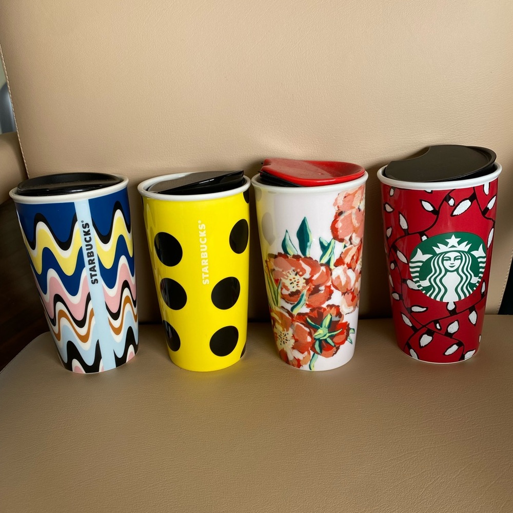 Starbucks Ceramic Pink yellow Red Flower Xmas Travel Tumbler Mugs w/Lid lot of 4